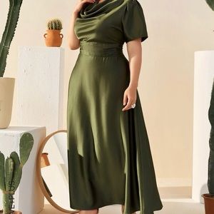 Cowl Neck Ruched Waist Satin Dress